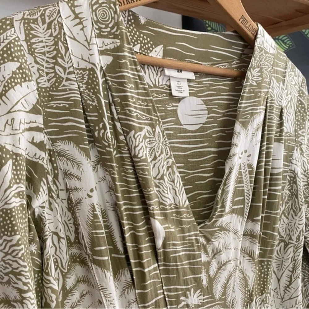 Desmond & Dempsey X H&M Green White Tropical Palm Print Linen Blend Midi Dress S - Picture 8 of 15